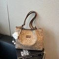 Khaki floral tote bag with brown leather handles and a cute cloud charm accessory - Khaki (With Pendant)