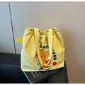 Minimalist yellow nylon drawstring tote bag with cute bear and happiness embroidery - Yellow (Style 1)