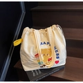Beige canvas tote bag with 3D bear embroidery and contrasting yellow handles - Beige (Style 1)