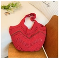 Red handmade knit tote bag with hollow wave patterns and green contrast stripe detail - Red