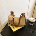 Khaki canvas underarm bag with brown leather trim and cute plush bear keychain charm - With Charm / Khaki