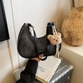 Black denim half-moon underarm bag with leather trim and brown plush bear charm - With Charm / Black
