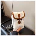 Detail of white mini crossbody phone bag with brown piping and vintage horn buckle - Off White