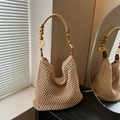 Beige hollow crochet woven shoulder bag with wood bead handles for beach vacation style - Khaki