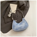 Blue denim crescent underarm bag with silver metal handle and heart charm detail - No Pendant / Blue