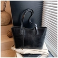 Large black crocodile pattern tote bag with double straps and embossed leather texture - Black