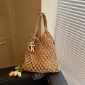 Beige hollow woven tote bag with cotton mesh design and pearl charm accessory - Khaki With Pendant