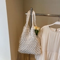 Chic cream-white hollow woven tote bag in cotton mesh design with woven handle - Off-white Without Pendant