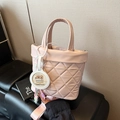Pink quilted bucket bag with cute capybara pendant and stylish shoulder strap handle - Pink (With Pendant)