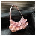Chic pink satin shoulder bag featuring layered ruffle pleats and a matching ribbon bow - Pink