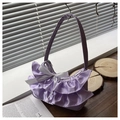 Chic lavender satin shoulder bag featuring elegant ruffled pleats and a white bow decoration - Purple