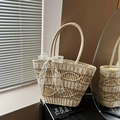 Chic cream woven straw tote bag with elegant white lace bow detail for summer - Off White