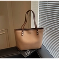 Retro tote bag in beige and brown pebbled leather with long shoulder straps and metal plate - Khaki