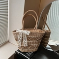 Handmade woven tote bag in light brown with white lace bow decoration and round handles - Khaki