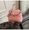Pink trendy small square crossbody bag with silver bow chain and top handle - Rose Pink