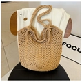 Hollow-out woven tote bag in natural light brown with fringe tassel and rope handles - Khaki