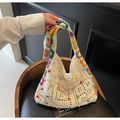 Handmade cream crochet tote bag with colorful beads and floral shoulder straps - Off White