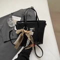 Black woven texture handbag with beige ribbon bow and detachable shoulder strap - Black with Pendant