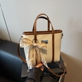 Beige tote bag with brown handles and a lace bow charm for women summer style - White Brown With Pendant