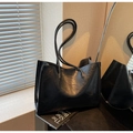 Classic black vintage faux leather tote bag with large capacity and soft PU texture - Black