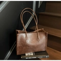 Retro dark brown textured leather tote bag with long shoulder straps in urban style - Coffee