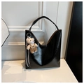 Glossy black leather hobo shoulder bag with a cute bear plush keychain accessory - Black (With Pendant)