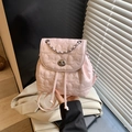 Light pink star-quilted mini backpack with silver chain and drawstring closure - Pink