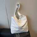 White seersucker tote bag with triple horizontal lace embroidery and textured finish - Off-white
