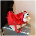 Red soft faux leather underarm bag with cute plush bear charm and adjustable strap - Red with Pendant