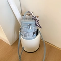 Light blue cylinder crossbody bag with cartoon bear graffiti and decorative silk scarf - Blue with Silk Scarf