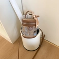 Brown bucket bag with blue bear graffiti prints and decorative handle silk scarf - Brown with Silk Scarf