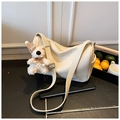 Milk white lychee pattern leather shoulder bag with a cute teddy bear charm - White with Pendant