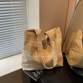 Yellow and white gingham tote bag with white lace embroidery detail and dual straps - Khaki