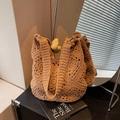 Bohemian brown crochet woven tote bag with hollow floral geometric patterns - Khaki