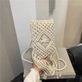Handmade macrame woven beige bucket bag with fringe tassels and woven shoulder strap - White
