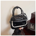 Detail of black patent leather mini bag with lace pocket and gingham ribbon handle - Black