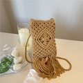Handmade khaki macrame phone bag with bohemian tassels and intricate weave patterns - Khaki