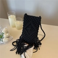 Handmade black woven mobile phone bag with tassel trim and diamond patterns - Black