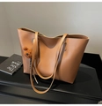 Brown faux leather tote bag with long straps and a cute dark brown teddy bear charm - Brown (With Pendant)