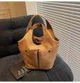 Caramel canvas bucket tote bag with dual front pockets and black snap buttons - Khaki