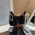 Fashionable black patent leather crescent shoulder bag with pearl heart and lace bow - Black (With Pendant)