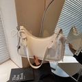 White crescent underarm bag with pearl bows and lace detail in glossy leather finish - Rice White (With Charm)