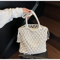 Handmade woven tote bag in cream white with fringe detail and drawstring inner pouch - Off-white