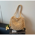 Handmade khaki woven mesh tote bag with tassels and bohemian hollow diamond design - Khaki