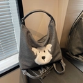 Bolso tote vintage de tela gris con parche de cachorro de peluche blanco y hebillas plata - Marrón Oscuro