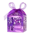 Detail of laser-cut purple glitter wedding favor box with ribbon and bride groom silhouette - Glitter Purple
