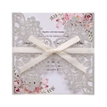 Invitation mariage argentée pailletée découpée laser avec carte florale et ruban blanc - Ensemble Découpé au Laser à Paillettes Argentées