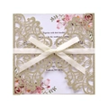 Invitation mariage découpée au laser champagne pailleté avec ruban satin et carte fleurie - Ensemble Découpé au Laser à Paillettes Or Champagne