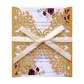 Laser cut hollow wedding invitation with gold glitter cover and elegant white ribbon bow - Gold