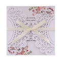 Lace hollow laser-cut wedding invitation with cream ribbon and floral inner card - White